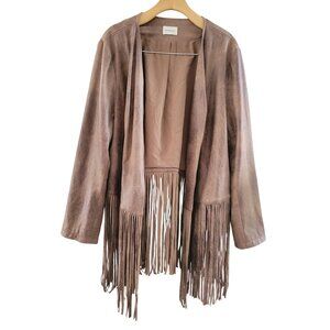 Chicos Brown Fringe Jacket faux leather size large Festival Western Boho